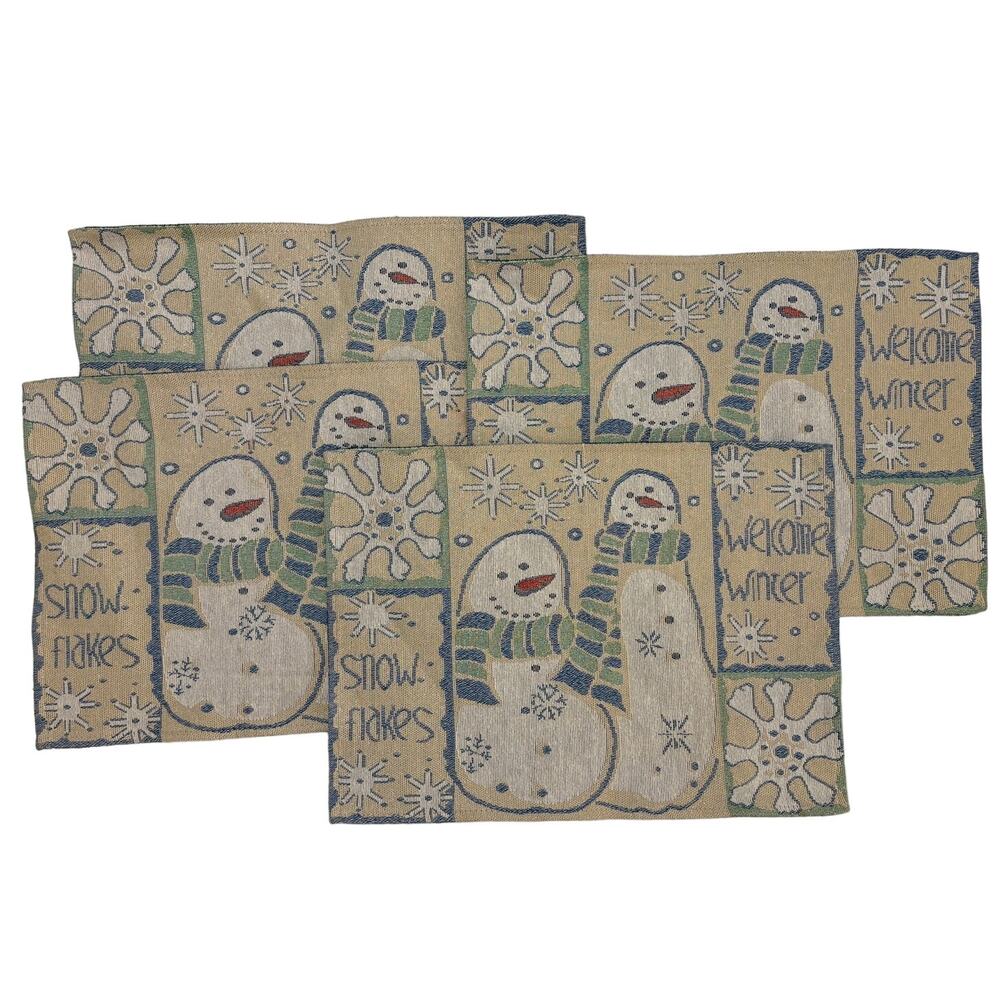 Vintage Tapestry Cream Blue Sage Green‎ Winter Snowman Set of 4 Placemats
